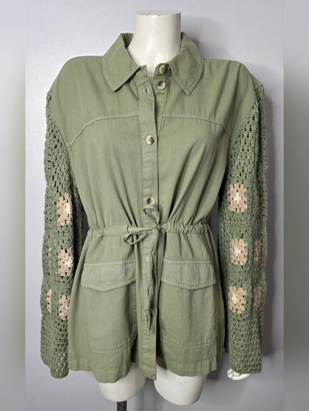 NWT: Women’s Olive Green Crochet Sleeve Utility Jacket By CREAM